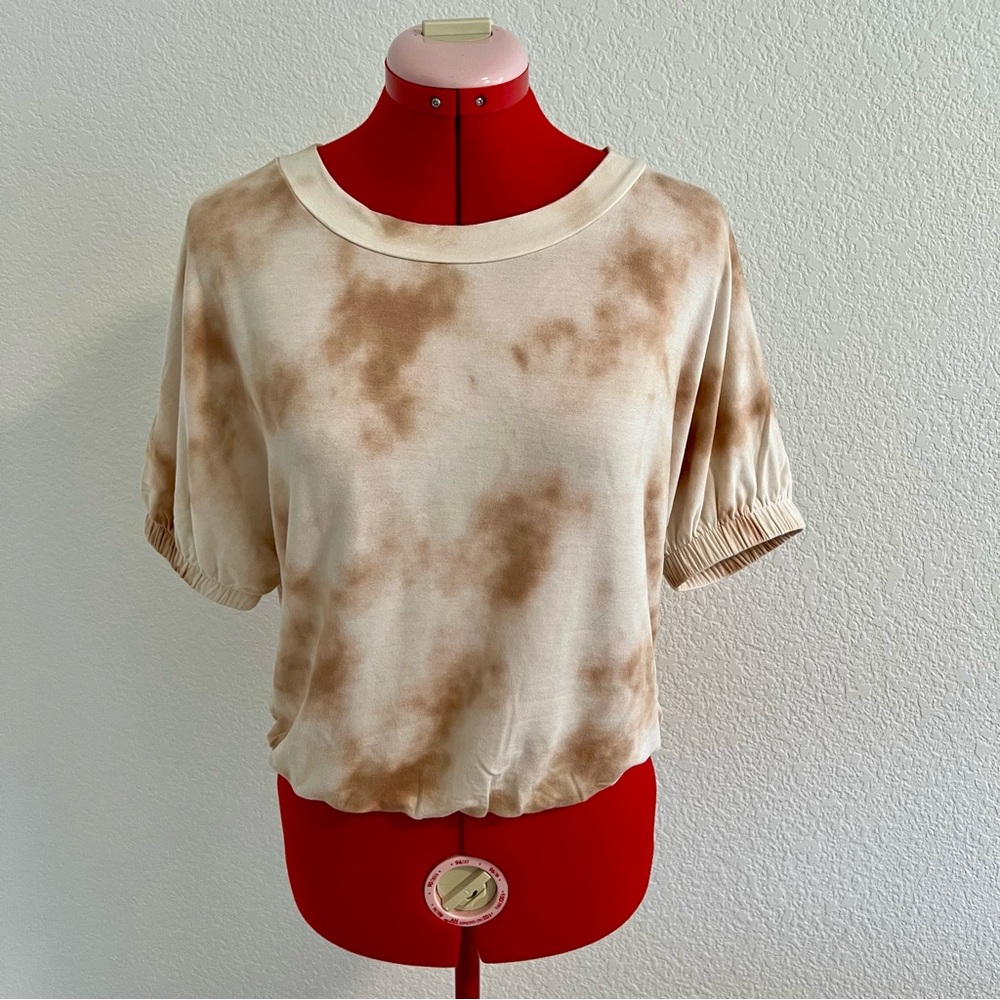 Express Tie-Dye Short Sleeve Top Cream and Brown XS